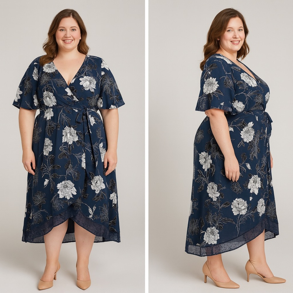 City‎ Chic navy blue faux wrap dress with white floral print waist tie, size 22